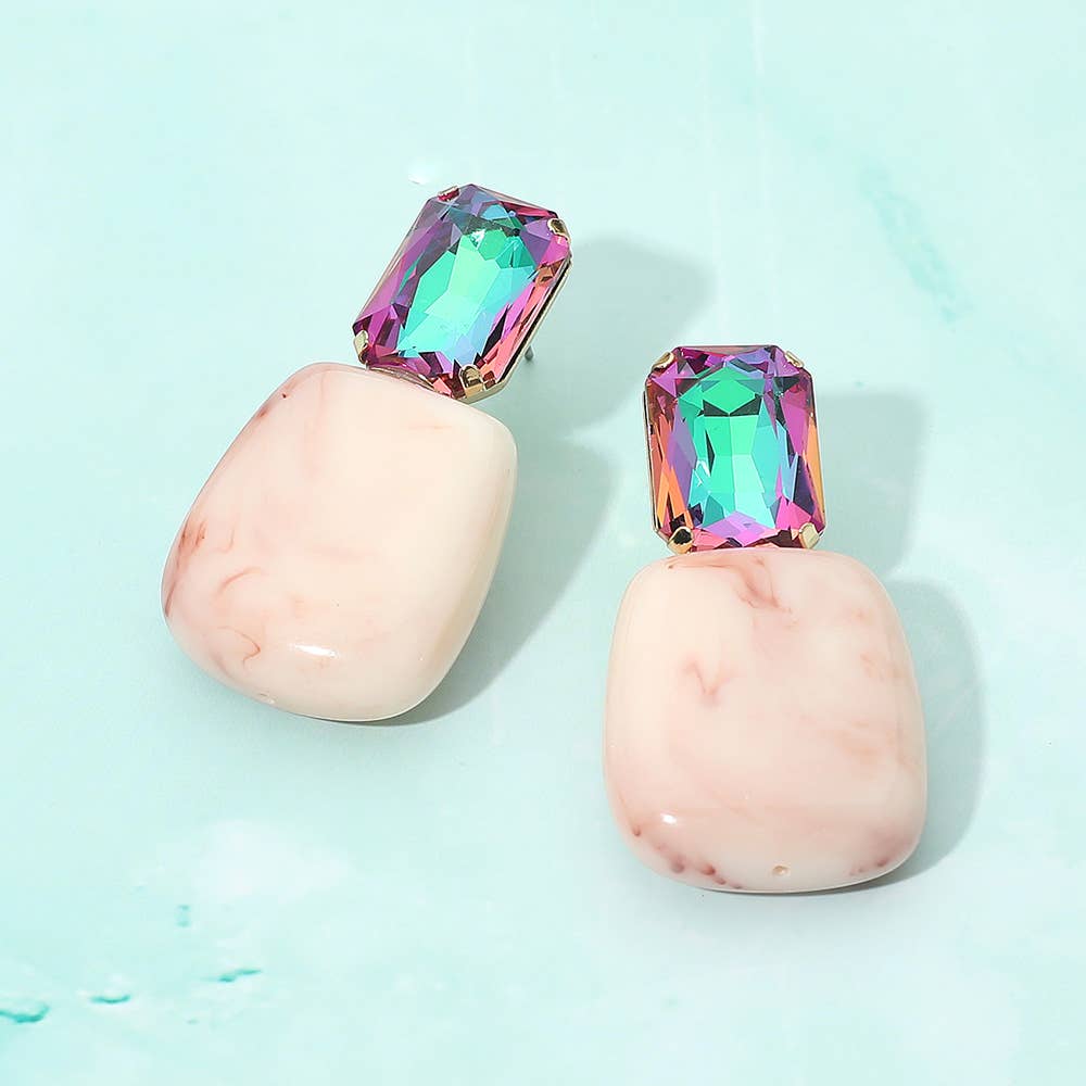 Faceted Stone Bold Marbled Resin Drop Earrings