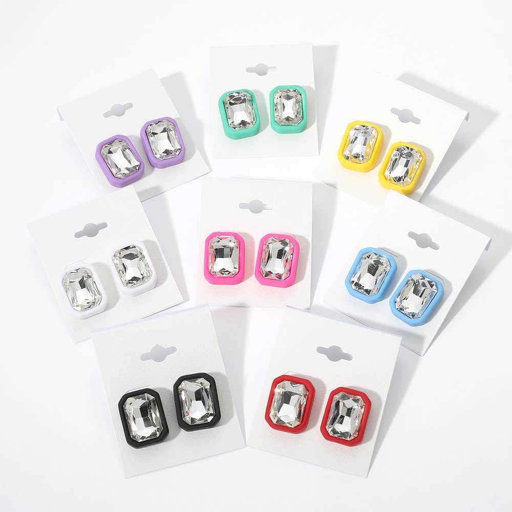 12Pairs - Rectangle Stone Stud Earrings