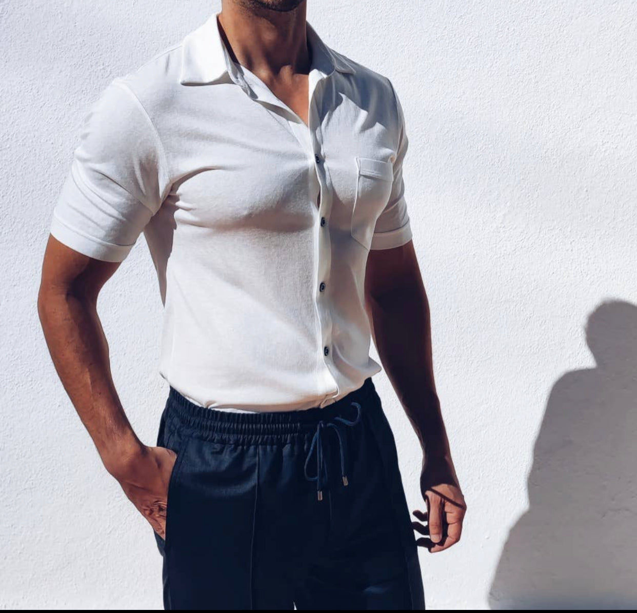 “Lucky” Linen Blend Muscle Shirt in White